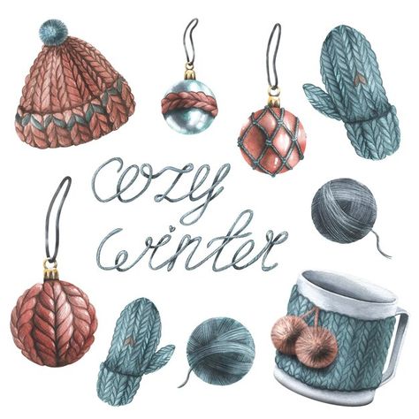 Winter Watercolor, Mug Christmas, Drawing Set, Knitted Hat, Cozy Winter, Christmas Balls, Premium Photo, Watercolor Illustration, Knitted Hats