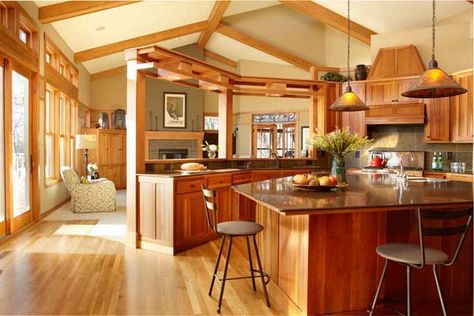 Contemporary Craftsman Interior, Craftsman Interior Design, Craftsman Style Kitchen, Arts And Crafts Interior Design, Beamed Ceilings, Arts And Crafts Interiors, Open Kitchen And Living Room, Craftsman Interior, Contemporary Craftsman