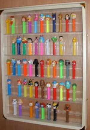 WALL MOUNTED PEZ DISPLAY CASES Pez Dispenser Display, Pez Display, Pez Dispensers, Candy Dispenser, Display Cases, Cleaning Organizing, Red Oak, Boys Room, Display Ideas