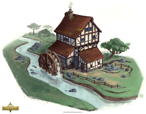 The Sims Medieval: Concept Art by Tony Trujillo | SimsVIP Disney Concept Art Character Design, House Character Design, Medieval Concept Art, Steampunk Concept Art, Concept Art Architecture, Fantasy House Concept, Concept Art House, Medieval Illustrations, Minecraft Medieval House