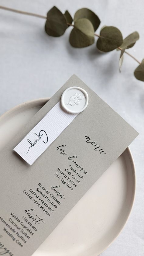 Gray Menu, Wax Seal Menu Card, Light Gray, Place Cards included, Wedding Menu, elegant menu, beige gray menu, white wax seal, name card Wedding Menu Decor, Menu Wax Seal, Elegant Party Favors Classy, Wedding Menu With Wax Seal, Wedding Menu Name Cards, Wedding Menu Cards Place Settings, Wedding Name Place Ideas, Gray Wedding Decor, Menu With Wax Seal