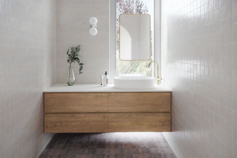 4 of the best bathroom trends you'll be loving in 2024 Oak Floating Vanity, Timber Bathroom Vanities, Wall Hung Bathroom Vanities, Bathroom Vanity Drawers, Custom Floating Shelves, Timber Vanity, Oak Bathroom Vanity, Timber Shelves, White Bench