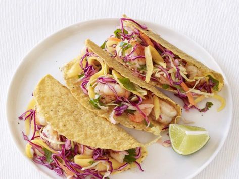 Fish tacos with slaw and mango (recipe calls for shrimp, but I subbed fish) Shrimp Tacos With Mango Slaw, Mango Slaw Recipes, Slaw For Shrimp Tacos, Taco Food, Seafood Dinners, Foodie Lover, Mango Slaw, Shrimp Taco, Shrimp Taco Recipes