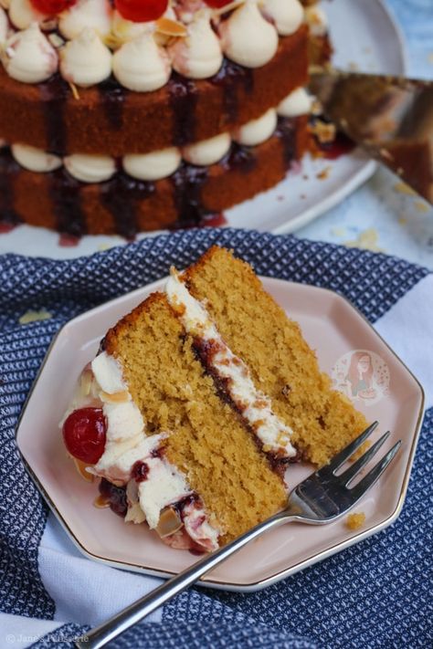 Bakewell Cake! - Jane's Patisserie Cherry Bakewell Cake, Almond Buttercream Frosting, Bakewell Cake, Almond Buttercream, Janes Patisserie, Cherry Bakewell, Tray Bake Recipes, Cherry Jam, Easter Baking