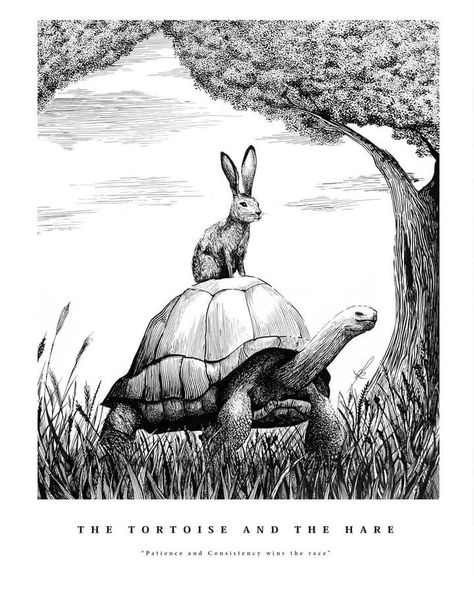 The tortoise and the hare. Funny Animal Drawings and More. Click the image, for more art from Karla Vázquez. Tortoise And The Hare Illustration, Turtle And Hare Tattoo, Tortoise And Hare Illustration, Turtle And Rabbit Tattoo, The Tortoise And The Hare Illustration, Tortoise And The Hare Tattoo, Tortoise And Hare Tattoo, Funny Animal Drawings, Hare And Tortoise