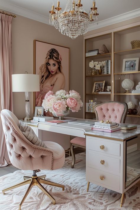 Pink Home Office Aesthetic, Women’s Office At Home, Girly Office Space, Feminine Home Office Classy, Feminine Office Space, Home Office Style, Cloffice Ideas, Glam Office Decor, Feminine Home Office