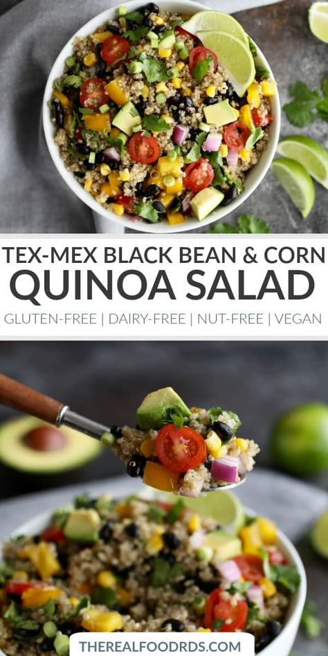 Tex-Mex Quinoa Salad with Black Beans & Corn | Gluten-free Quinoa Salad | Dairy-free Quinoa Salad | Vegan Side Dish | Healthy Side Dish Recipe | Gluten-free Side Dish | Nut-free Quinoa Salad || The Real Food Dietitians #glutenfreesidedish #healthysidedishrecipe #veganquinoasalad Dairy Free Quinoa Salad, Gluten Free Quinoa Salad, Salad With Black Beans, Dairy Free Lunch, Vegan Quinoa Salad, Real Food Dietitians, Black Beans Corn, Gluten Free Sides Dishes, Black Bean Salad