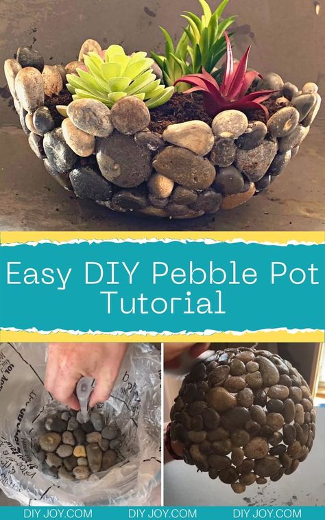 Pebble Pot - Easy Crafts with Rocks - How to Make a Pebble Pot via @diyjoycrafts Rock Crafts Diy, Homemade Clay, Instruções Origami, Deco Nature, Astuces Diy, Diy Simple, Diy Crafts To Do, Stone Crafts, Garden Art Crafts