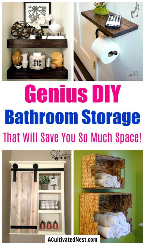 Space-Saving DIY Bathroom Storage Ideas- Every bathroom can benefit from having good storage, especially small bathrooms. And you don't have to spend a lot to get that storage space- just make one of these DIY bathroom storage ideas! | organize a small bathroom, DIY organization, #organize #organizingTips #homeOrganization #ACultivatedNest Diy Bathroom Inspiration, Bathroom Towel Storage Ideas, Diy Bathroom Storage Ideas, Top Bathroom Design, Diy Bathroom Design, Bathroom Storage Hacks, Bathroom Storage Ideas, Bathroom Towel Storage, Bathrooms Ideas