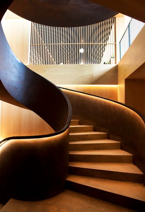 mecanismo · Akelarre Hotel · Divisare Round Staircase, سلالم حلزونية, Round Stairs, Stairs Lighting, Staircase Lighting, Stair Lighting, Spiral Stairs, Interior Stairs, Hotel Interior