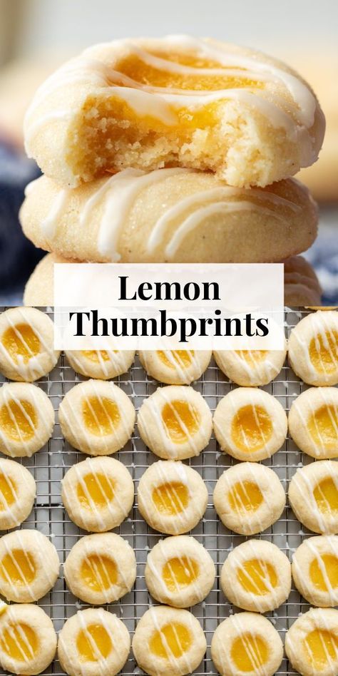 These lemon thumbprint cookies are a lemon lovers' dream! Fill soft, buttery lemon sugar cookies with lemon curd, & drizzle with lemon icing. #lemon #Christmas #holidaycitrus Lemon Jam Cookies, Soft Lemon Curd Cookies, Lemon Snowflake Cookies Taste Of Home, Thanksgiving Desserts Lemon, Honey Treats Desserts, Lemon Thumb Print Cookies, Lemon Desserts Cookies, Lemon Royal Icing Recipe, Homemade Slice And Bake Cookies