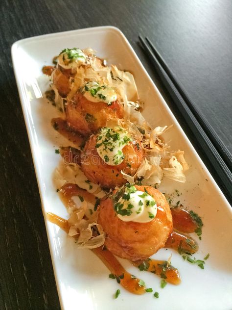 Creamy octopus balls Japanese cuisine. Japanese tapas, traditional cuisine. Tako #Sponsored , #SPONSORED, #paid, #octopus, #Japanese, #traditional, #balls Japanese Tapas, Octopus Balls, Japanese Traditional, Octopus, Presentation, Meat, Chicken, Google Search