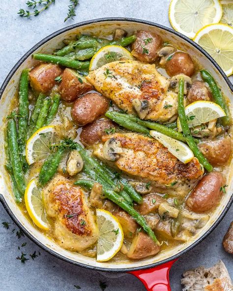 Chicken Green Beans And Potatoes, Chicken And Potatoes Skillet, Lemon Chicken And Potatoes, Easy Lemon Chicken Recipe, Skillet Green Beans, Potatoes Skillet, Beans And Potatoes, Chicken Green Beans, Fitness Meals