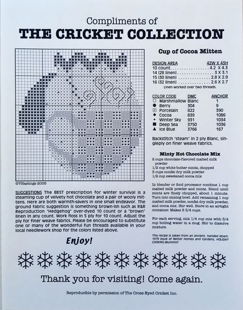 cup of cocoa mitten 2005 by the cricket collections -xs4 Cricket Collection Mittens, Cricket Collection, Cross Eyed, Cross Stitch Freebies, Winter Cross Stitch, Cross Stitch Christmas Ornaments, Cross Stitch Heart, Needlework Patterns, Mittens Pattern