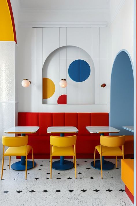 Bauhaus Cafe Interior, Colourful Cafe Interior, Interior Design Primary Colors, Pop Art Cafe Interior, Pizza Restaurant Color Palette, Color Restaurant Design, Pop Culture Interior Design, Quirky Cafe Interior, Primary Color Decor