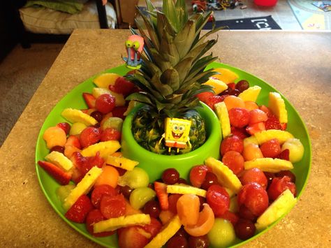 SpongeBob themed fruit salad perfect for a kiddos birthday party! Spongebob Fruit Platter, Spongebob Veggie Tray, Spongebob Themed Snacks, Spongebob Birthday Party For Adults, Spongebob Labels, Spongebob Birthday Decorations Diy Party Ideas, Adult Spongebob Party Ideas, Spongebob Birthday Party Decorations Diy, Spongebob Food Ideas For Party