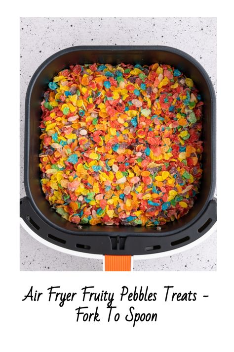 Air Fryer Fruity Pebbles Treats -- Get ready to take a delicious trip down memory lane with our Air Fryer Fruity Pebbles Treats recipe. Air Fryer Rice Crispy Treats, Fruity Pepples, Chocolate Chip Pizza, Fruity Pebbles Treats, Rice Krispies Recipe, Rice Crispy Treats Recipe, Fruity Pebbles Cereal, Fried Dessert, Molten Lava Cakes