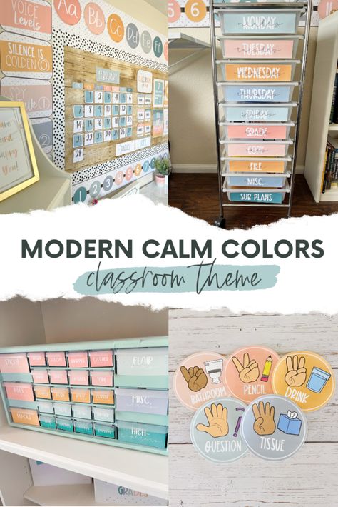 Calm Rainbow Classroom, Muted Classroom Decor, Kindergarten Classroom Themes Calm, Modern Calm Color Classroom, Classroom Themes Special Education, Calm Classroom Themes, Colors Classroom Theme, Sped Classroom Decor, Kindergarten Classroom Decor Themes