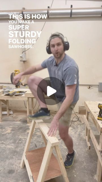 Thomas Orr on Instagram: "Build a simple folding saw horse. Per a ton of requests, here is a simple folding sawhorse that is also super super sturdy and easy to build! It’s definitely not as simple as my other saw horse videos but it is fun! #woodworking #woodwork #woodworker #diy #sawhorse #foldingsawhorse #woodworkingcommunity #woodworkingtips #woodworkingproject #woodworkingskills" Diy Sawhorse, Adjustable Sawhorse, Saw Horse Diy, Folding Sawhorse, Saw Horse, Simple Woodworking Plans, Carriage Bolt, Diy Baby Furniture, Workbench Plans