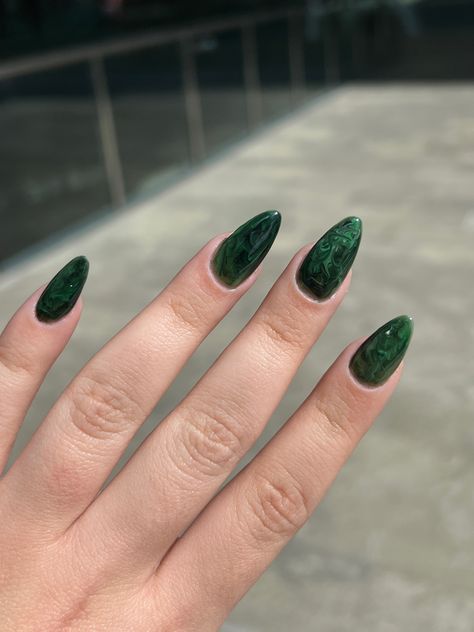 Dark Green Goth Nails, Prom Nail Ideas For Green Dress, Green And Black Nails Prom, Green Alt Nails, Forest Inspired Nails, Green Nails Jelly, Dark Green Jelly Nails, Queer Nails Art, Green Witch Nails