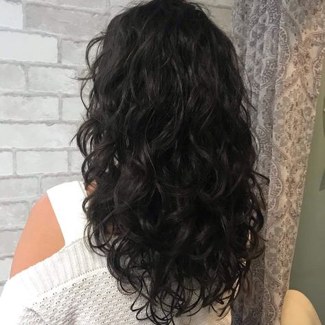 Long Brown Hair With Layers Curly, Defined Layered Haircut, 2c Curly Haircuts Medium, Curly Wavy Hair Layers Medium, Dark Permed Hair, Long Brown Curly Hair With Layers, Wavy Curl Haircut, Black Hair Perm Curls, Black Curly Hair Layers