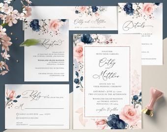 Blue And Blush Pink Wedding, Pink Wedding Invitation Template, Blush Pink Wedding Invitations, Pink Wedding Invitation, Blush Pink Wedding, Wedding Activities, Pink Wedding Invitations, Blush Pink Weddings, Rose Blush