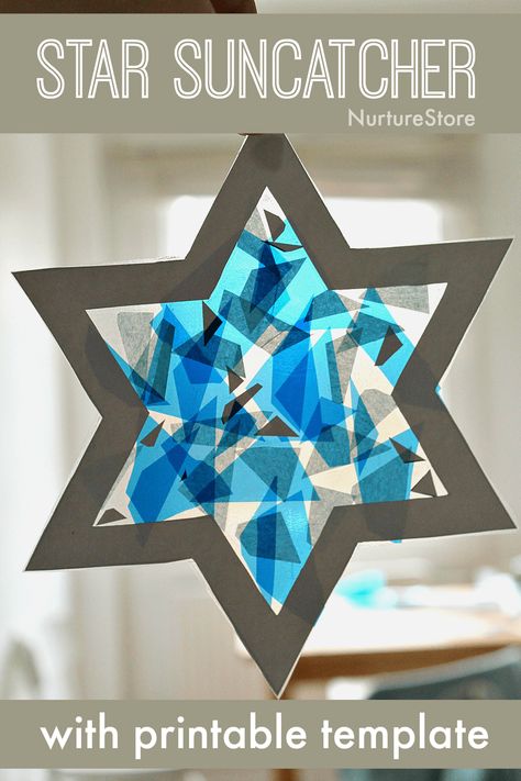 easy star craft for kids Hanukkah craft Hanukkah Activities Preschool, Dreidel Craft, Hanukkah Preschool, Hannukah Crafts, Hanukkah Activites, Star Suncatcher, Hanukkah Art, Hanukkah For Kids, Star Craft