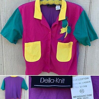 vintage Della-Knit color block top parrot short sleeve button front 80s 90s sz M | eBay Vintage 80s Clothes, 80s Tops, 90s Color Block, Decora Fashion, 80s Pattern, Bright Colors Fashion, 80's Fashion, Color Block Shirts, Rodeo Shirts