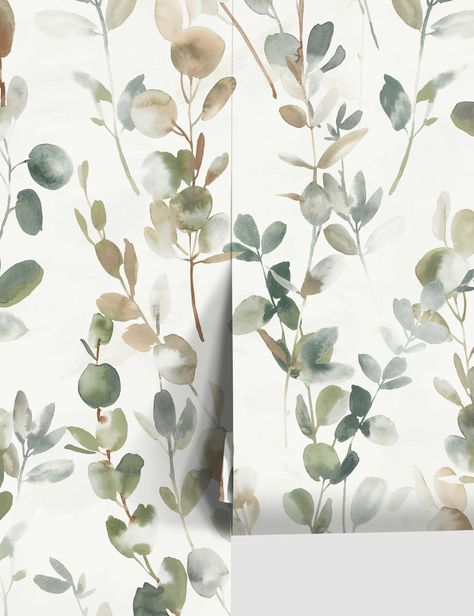 Joyful Eucalyptus Wallpaper by Candice Olson Eucalyptus Wallpaper, Wallpaper Office, Powder Room Wallpaper, Laundry Room Wallpaper, Laundry Room Closet, Room Wall Painting, House Color Palettes, Whimsical Wonderland, Green Cabinets