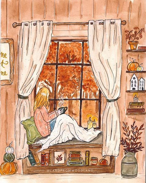 🍂 Caro From Woodland 🌿 (@carofromwoodland) •  #cosy #books #winter #autumn #fall #hygge Art Mignon, Autumn Illustration, Art Et Illustration, Dreamy Art, Autumn Cozy, Autumn Art, Fall Foliage, A Drawing, Art Journals