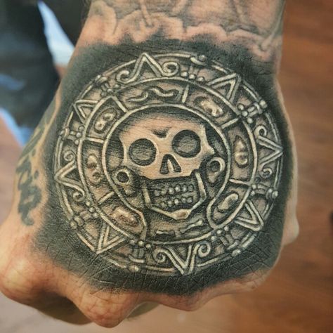 Hand tattoo. Pirate coin. Aztec Gold Tattoo, Pirates Medallion Tattoo, Pirate Medallion Tattoo, Pirate Hand Tattoo, Pirate Themed Tattoos, Pirate Tattoo Sleeve, Coin Tattoo, Sparrow Tattoos, Pirate Skull Tattoos