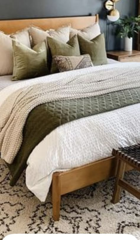 Neutral And Green Bed, Olive Green King Bedding, Olive Accent Bedroom, White And Hunter Green Bedroom, Sage Taupe Bedroom, Scandi Bedding Ideas, Neutral Bedding With Sage Green Accents, Bedding With Green Pillows, Green And Tan Room Aesthetic