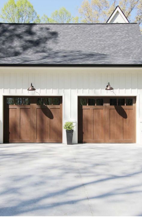 Brown Garage Door, Plank And Pillow, Carriage House Garage Doors, Garage Door House, Board And Batten Exterior, Farmhouse Garage, Carriage House Garage, Steel Garage Doors, Garage Door Styles