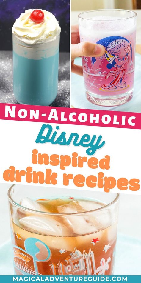 If you love the special drinks available in Disney theme parks, you'll adore these fantastic recipes for Disney drinks! Because they're non-alcoholic, they're family-friendly options to satisfy your Disney cravings. Disney Non Alcoholic Drinks, Disney Drinks Recipes, Night Blossom Drink Disney Recipe, Disney Themed Drinks Non Alcoholic, Mocktails Non Alcoholic Harry Potter, Disney Mocktails Non Alcoholic, Disney Mocktail Recipe, Disney Drinks Nonalcoholic, Disney Princess Drinks