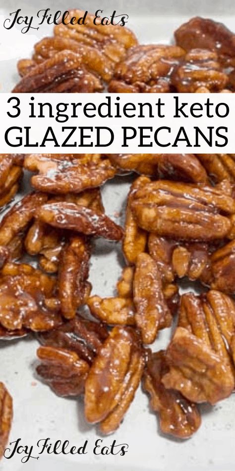 These Glazed Pecans are simple to make & delicious to munch on. I love sweet coated nuts. Candied pecans add flavor & texture to salads, ice cream, desserts, & more. #lowcarb #lowcarbrecipes #lowcarbdiet #keto #ketorecipes #ketodiet #thm #trimhealthymama #glutenfree #grainfree #glutenfreerecipes #recipes #desserts #dessertrecipes #ketodessert #lowcarbdessert #sugarfree #nobake #pecans #glazedpecans #nuts #snack #ketosnacks Pinata Cookies, Dolce Poche Calorie, Healthier Sweets, Glazed Pecans, Dessert Sans Gluten, Keto Holiday, Keto Candy, High Carb Foods, Joy Filled Eats