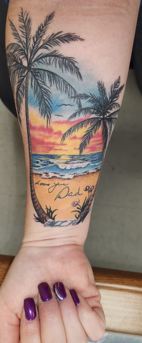 Beach Tattoos For Women Sleeve, Sunset Tattoos For Women, Beach Scene Tattoo, Beach Tattoos For Women, Beach Inspired Tattoos, Small Beach Tattoos, Beach Tattoos, Memorial Tattoo Designs, Scene Tattoo