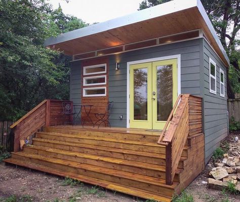 Pictured: 14x16 Modern Studio Luxe complete with a full bathroom.    This space is utilized as a home office/guest house. Shed With Bathroom, She Shed With Bathroom, She Sheds Ideas, Shed Guest House, Home Office/guest Room, Steel Siding, Backyard Cottage, Modern Shed, Shed To Tiny House