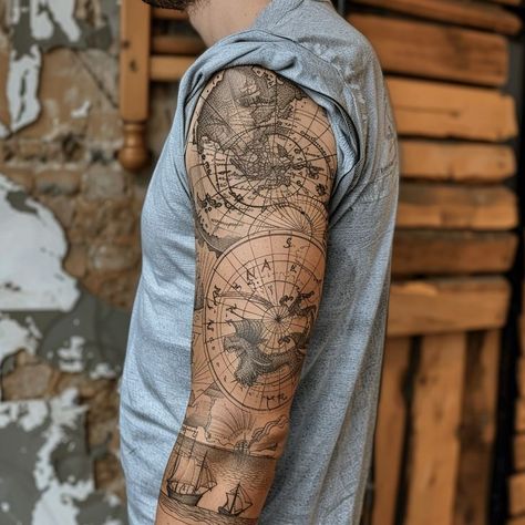 Close-up view of a person's arm with an intricate old-world map tattoo design, showcasing continents, oceans, and mythical creatures. Ideal body art for adventure enthusiasts and history lovers. Map Tattoo Design, World Map Tattoo, Always Tattoo, World Map Tattoos, Map Tattoo, History Tattoos, Map Tattoos, Detailed Tattoo, World Tattoo