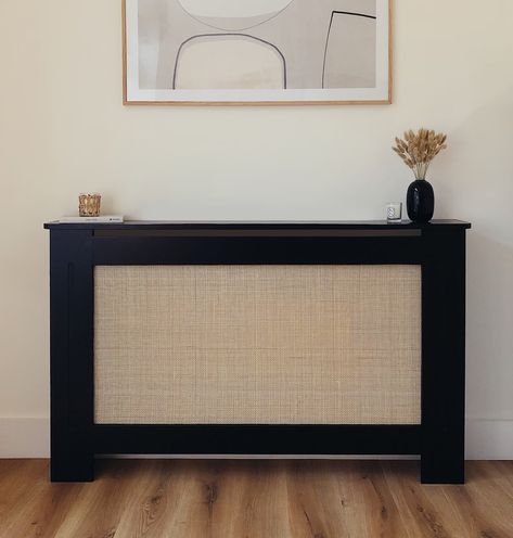 Medium Black Rattan Radiator Cover - Etsy Cabinet Radiator Cover, Radiator Cover Dresser, Radiator Cover Behind Sofa, Radiator Cover By Front Door, Furniture To Cover Radiator, Wall Art Over Radiator, Radiator Cover Storage Cabinets, Console Table To Cover Radiator, Hair Pin Radiator Cover