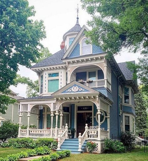 Blue Victorian House, Gothic Victorian House, Victorian Homes Exterior, Victorian House Plans, Victorian Style House, Victorian Beauty, Victorian Style Homes, Interior Layout, Victorian Mansions