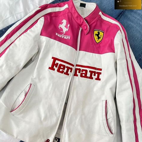 Ferrari f1 racing leather jacket Pink🌸❄️🎗 Racing Jackets Outfit, Pink Ferrari Jacket, Pink Racing Jacket, Ferrari Fashion, F1 Jacket, Racing Leather Jacket, Pink Ferrari, Ferrari Jacket, Pink Ranger