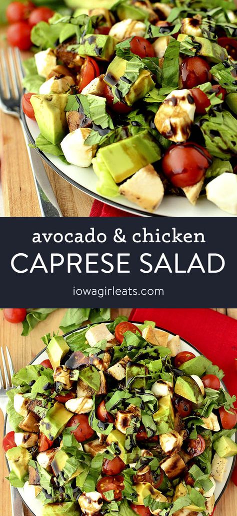 Avocado and Chicken Caprese Salad is a fresh and filling salad that takes just 20 minutes to make. Packed with summery flavors! | iowagirleats.com keywords: salad recipes, salad recipes for dinner, salad ideas, chicken recipes, chicken breast recipes, caprese recipes Chicken Caprese Salad, Chicken Caprese, Avocado Chicken, Couscous Salat, Gluten Free Salads, Iowa Girl Eats, Caprese Chicken, 20 Minute Recipes, Chicken Avocado