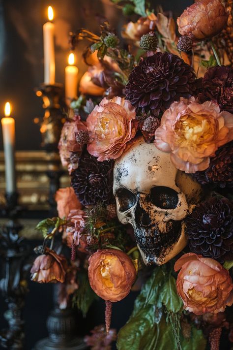 Spooky Garden Party, Witchcraft Halloween Decor, Romantic Halloween Decor, Decorating Your Mantle, Witchy Halloween Decor, Spooky Flowers, Gothic Dinner, Ceremony Altar, Mantle Decorations