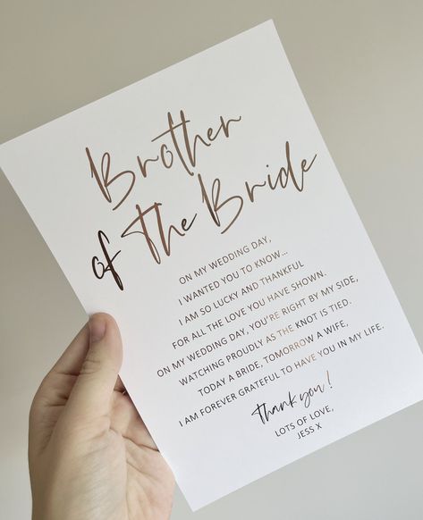 The cutest foil print keepsake for the brother of the bride Personalised to you Gifts For Brother Of The Bride, Brother Of Bride Gift, Brother Of The Bride Gift, Brother Of The Bride, Wedding Notes, 2025 Wedding, Dream Wedding Decorations, Wedding Letters, Wedding Day Gifts