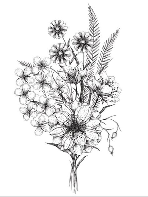 Wildflower Tattoo Drawing, Wildflower Bouquet Drawing, Wildflower Tattoo Designs Sketches, Wildflower Drawing Tattoo, Wild Flower Bouquet Sketch, Wildflower Tattoo Black And White, Wildflower Pen Drawing, Flower Bouquet Tattoo, Flower Tat