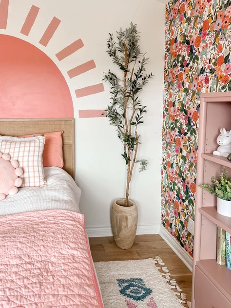 Painted Headboard On Wall Corner, Above Bed Mural, Pink Painted Headboard, Painted Wall Behind Bed, Paint Behind Bed, Headboard Painting Ideas, Painted Headboard On Wall, Paintings Above Bed, Paint Headboard