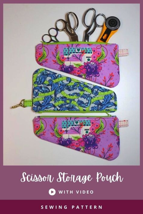 Scissor Storage Pouch sewing pattern (with video). This handy little pouch holds multiple pairs of scissors as well as other sewing tools and will help keep your sewing necessities nicely organized. Zipper storage pouch to sew with video instructions designed to hold your sewing scissors or shears. SewModernBags Scissor Storage, Scissor Case Pattern, Scissor Holders, Scissor Case, Pouch Sewing, Modern Bag, Pouch Pattern, Bag Patterns To Sew, Cotton Quilting Fabric