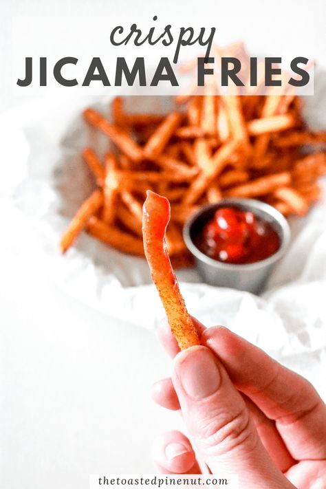 Keto jicama fries are crispy, low carb, and can be made in your air fryer or oven. This healthy comfort food will be your new favorite snack! thetoastedpinenut.com #thetoastedpinenut #jicama #jicamafries #ketofries Jicama Fries Air Fryer, Air Fryer Jicama, Jicama Recipes, Jicama Recipe, Jicama Fries, Keto Side, Healthy Comfort, Low Carb Meal Plan, Paleo Recipes Easy