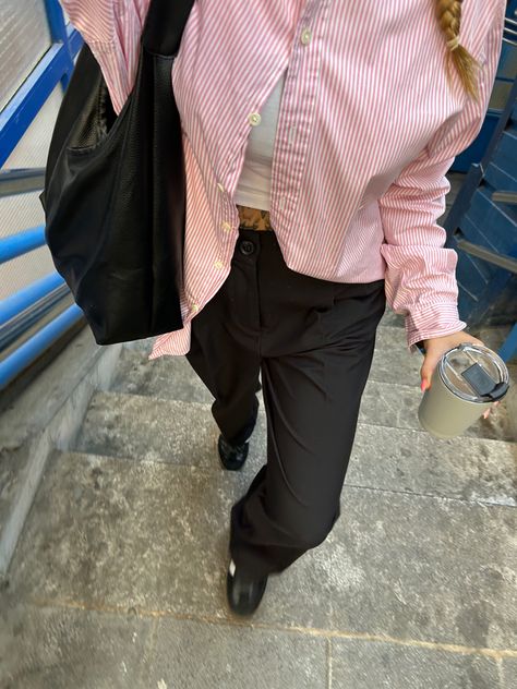 outfit stripes shirt Pink Pinstripe Shirt Outfit, Pinstripe Shirt Outfit, Red Button Up Shirt Outfit, Button Up Shirt Outfit, Red Button Up Shirt, Pink Pinstripe, Pinstripe Shirt, Pink Pin, Red Button