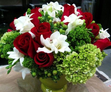 White, red & green White And Blue Flower Centerpieces, Blue Flower Centerpieces, Red Flower Arrangements, Blue Flower Arrangements, Online Flower Shop, Christmas Flower Arrangements, Holiday Arrangement, White And Blue Flowers, Christmas Floral Arrangements